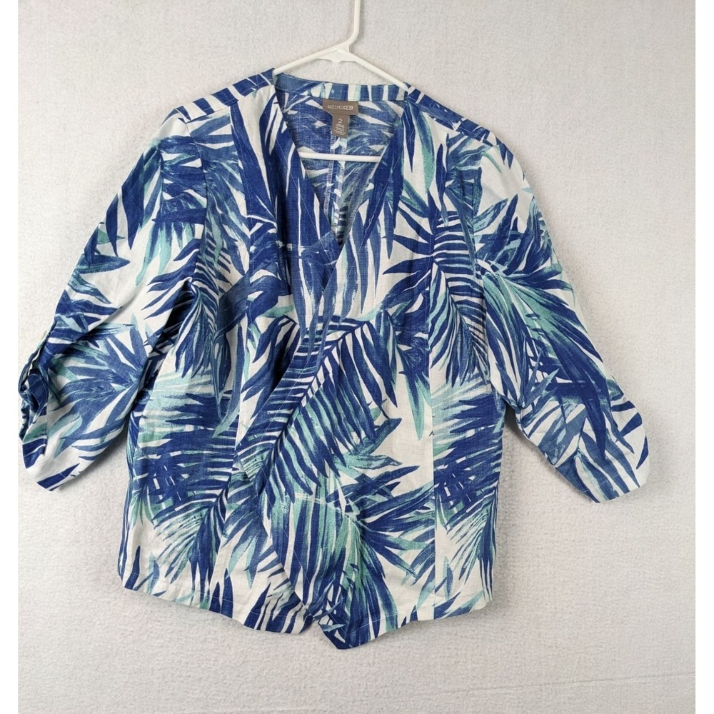 Chicos Womens Leaf Print Linen Blouse Jacket Size 2 Large Blue White 3/4 Sleeve